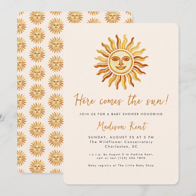 Invitation Here Comes the Sun Modern Boho Sun Baby Shower (Devant / Derrière)
