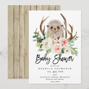 Invitation hérisson baby shower moderne fleuri rustique