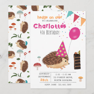 Invitation Hérisson Champignon Bois Forêt Ballon Anniversaire