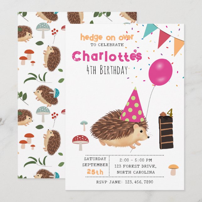 Invitation Hérisson Champignon Bois Forêt Ballon Anniversaire (Devant / Derrière)