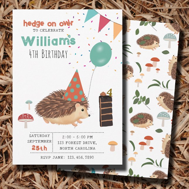 Invitation Hérisson Champignon Bois Forêt Ballon Anniversaire (Hedgehog Mushroom Woodland Forest Balloon Birthday Invitation)