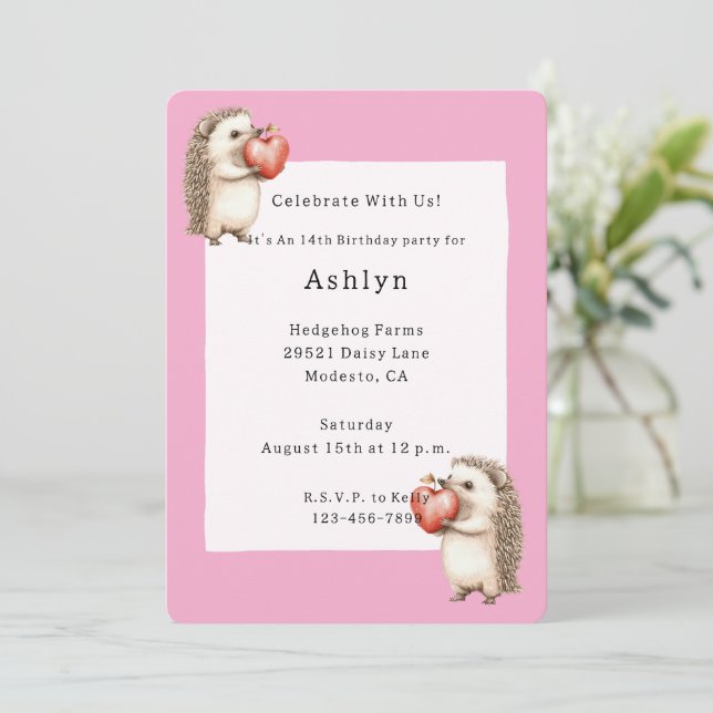 Invitation Hérissons Mignons Adorables Coeurs Anniversaire Ro (Debout devant)