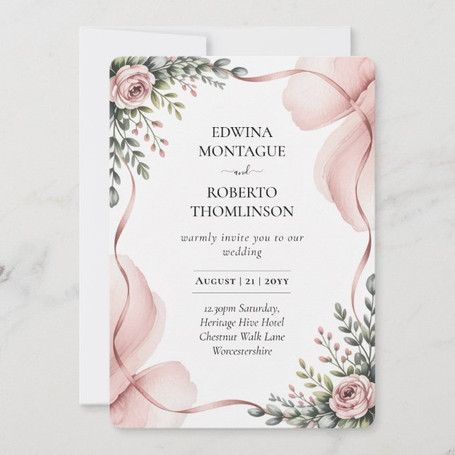 Invitation Heritage Blush Floral Ribbon Wedding (Devant)