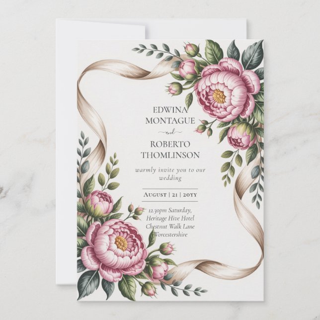 Invitation Heritage Blush Peony & Ribbon Botanical Wedding (Devant)