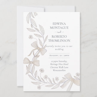 Invitation Heritage Botanical Ribbon Bow Elegant Neutral Wedd