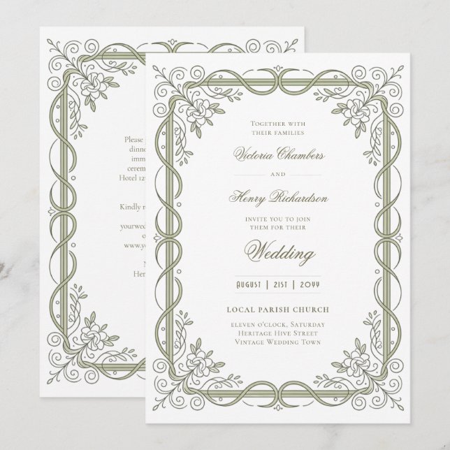 Invitation Heritage | Edwardian Sage Ribbon Scroll (Devant / Derrière)