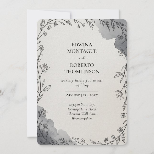 Invitation Heritage Gray Botanical Line Art Wedding (Devant)