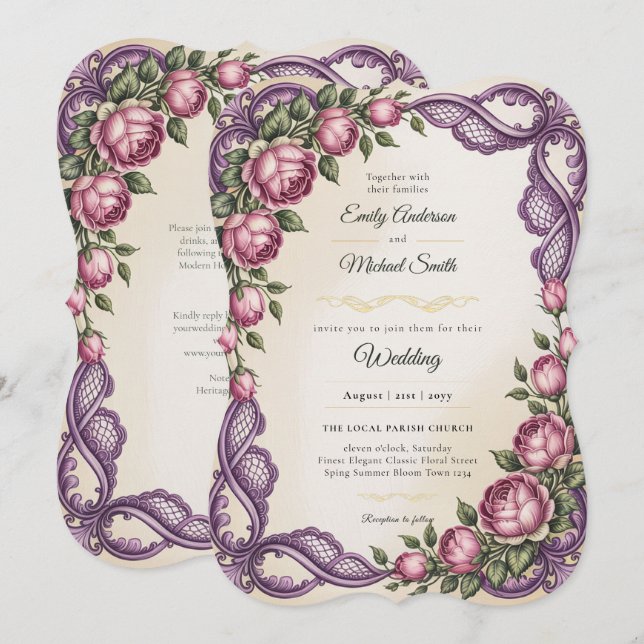 Invitation Héritage | Mariage Botanique Rococo et Victorien (Devant / Derrière)