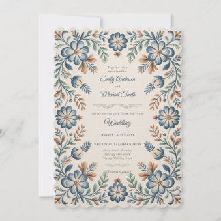 Invitation Héritage | Mariage Floral Bleu Vintage Art Populai