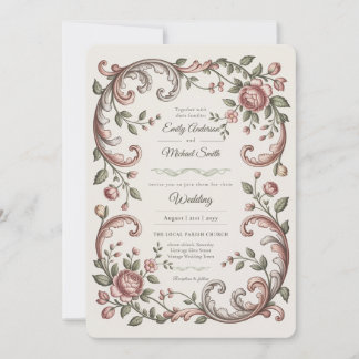 Invitation Héritage | Mariage Floral Rococo au ton rose victo