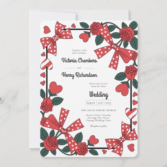 Invitation Héritage | Mariage rétro Rockabilly Rose Rouge 195 (Devant)