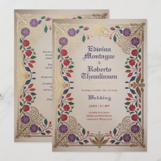 Invitation Heritage Medieval Floral Wedding Purple Red Gold