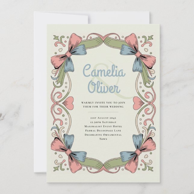 Invitation Heritage Retro 1950s Rockabilly Pastel Bow Wedding (Devant)