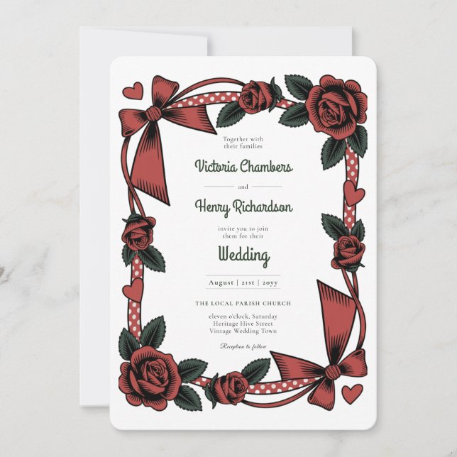 Invitation Heritage | Retro 1950s Rockabilly Red Rose Wedding (Devant)