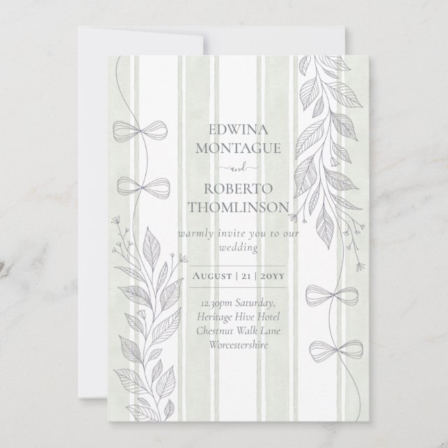 Invitation Heritage Sage Botanical Ribbon Line Bows Wedding (Devant)