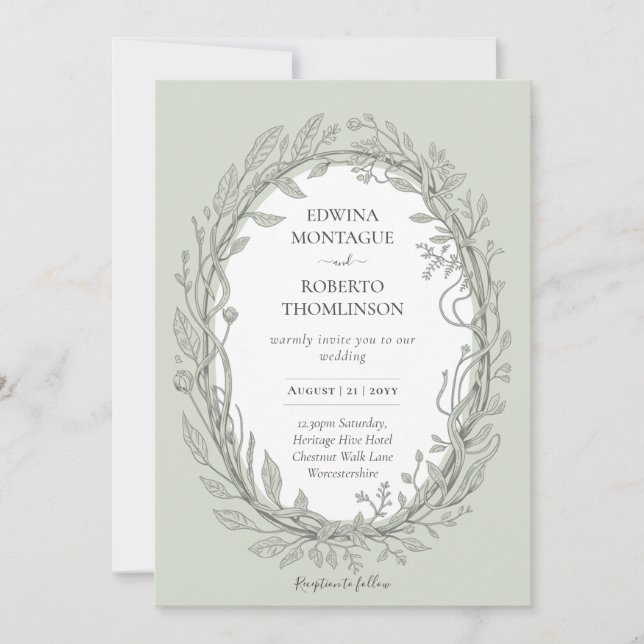 Invitation Heritage Sage Green Botanical Wreath Elegant Weddi (Devant)