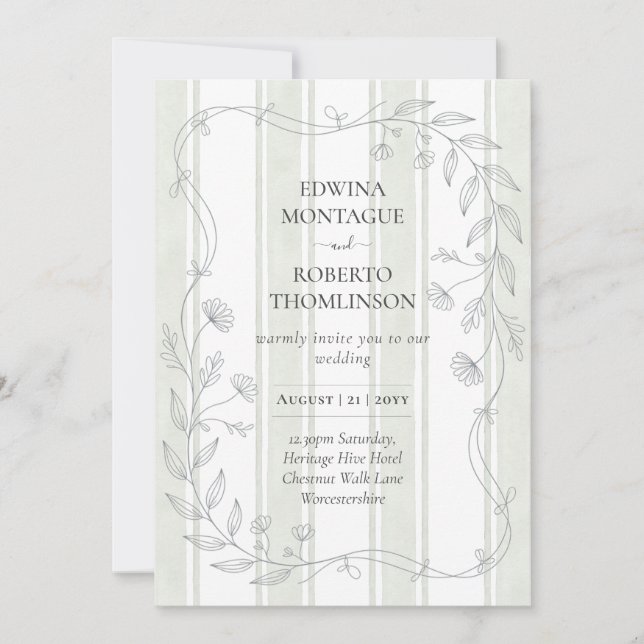 Invitation Heritage Sage Stripe Botanical Elegant Wedding (Devant)