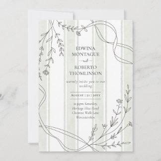 Invitation Heritage Stripe & Line Art Botanical Ribbon Weddin