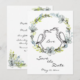 Invitation Heron Bird Couple et Flower Wreath Enregistrer la