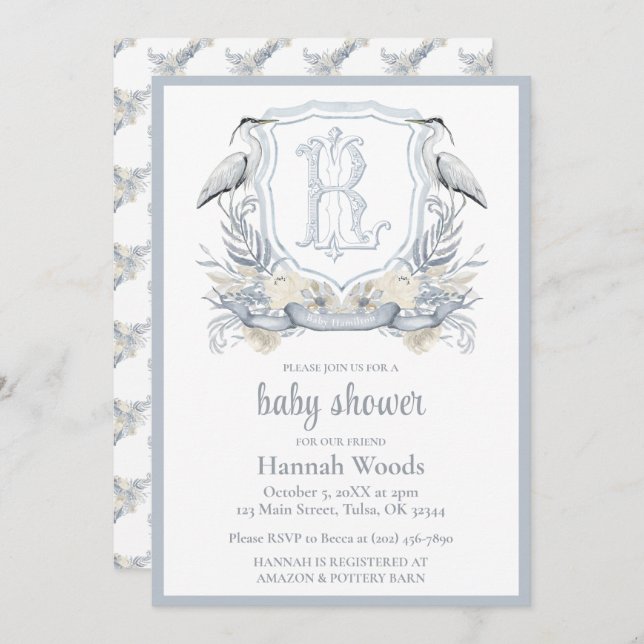 Invitation Heron Specialty Monogram Baby Shower (Devant / Derrière)