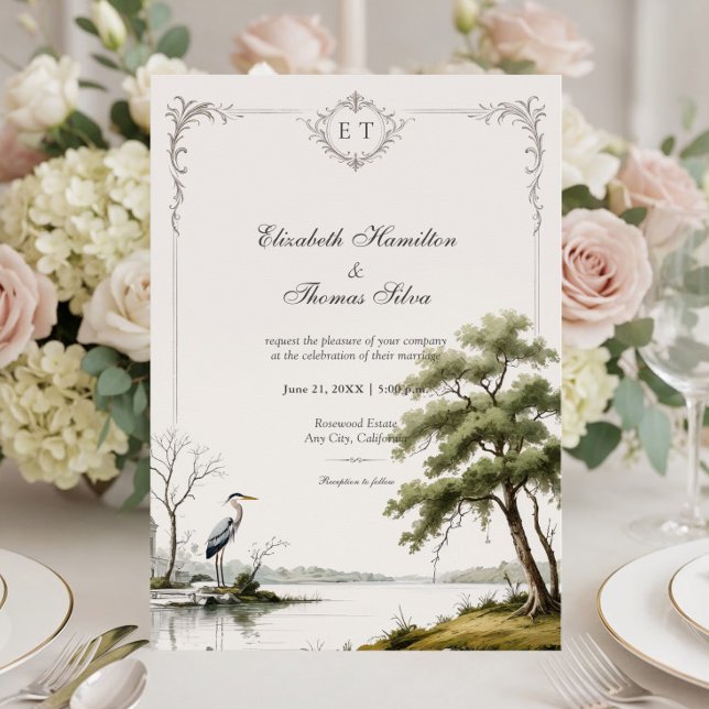Invitation Heron Toile French Country Monogram Wedding (Créateur téléchargé)