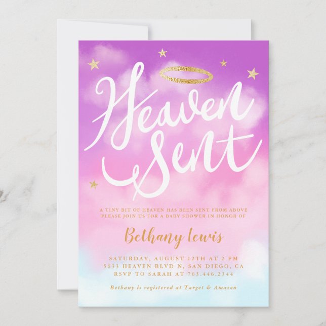 Invitation Heure envoyé Angel Gold Halo Baby shower rose (Devant)