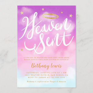 Invitation Heure envoyé Angel Gold Halo Baby shower rose