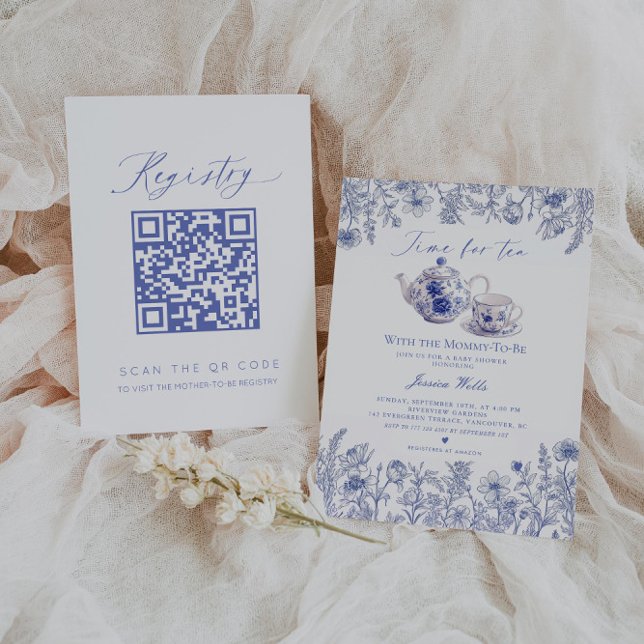 Invitation Heure pour Tea Toile Code QR Registre Baby shower (Créateur téléchargé)