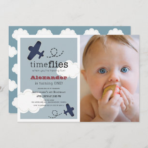 Invitation Heure Vol Avion Blue Boy Photo1st Birthday