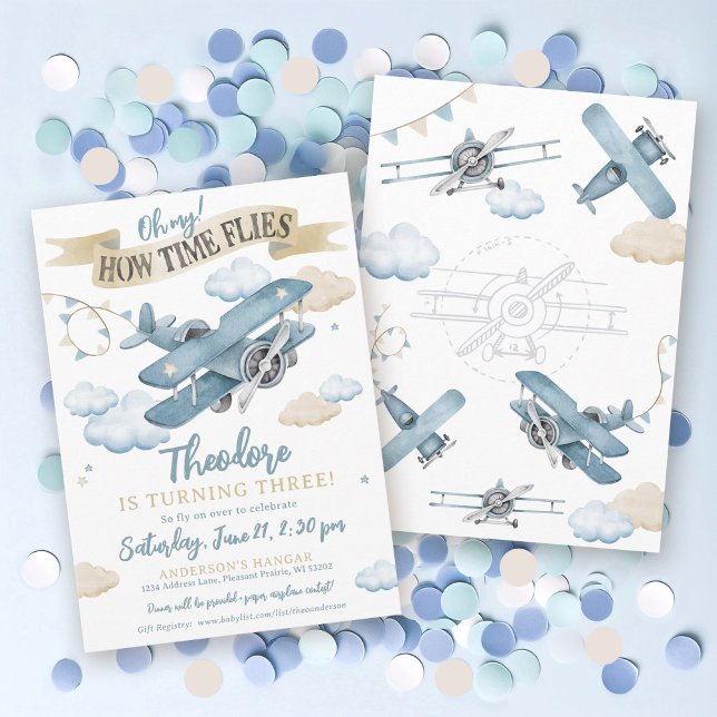 Invitation Heure Vol Avion Cool Blue Boy fête d'anniversaire (Cute watercolor airplane aviation clouds sky theme Time Flies boy 3rd birthday party invitation)