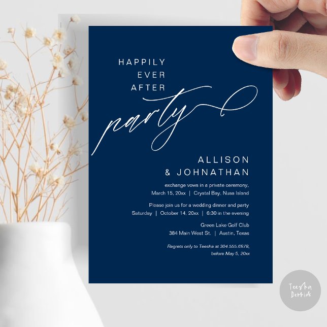 Invitation Heureusement Après La Fête, Elopement Mariage Mode (Happily Ever After Party, Modern Wedding Elopement Dinner Invitation Card, PDF, Navy Blue)