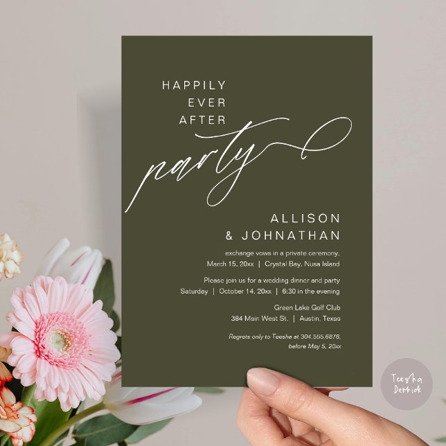 Invitation Heureusement Après La Fête, Elopement Mariage Mode (Happily Ever After Party, Modern Wedding Elopement Dinner Invitation Card, PDF, Olive green)