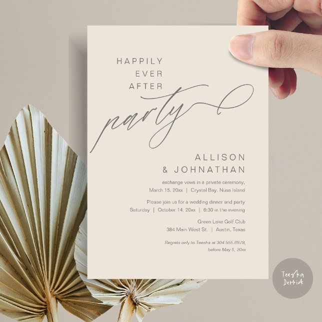 Invitation Heureusement Après La Fête, Elopement Mariage Mode (Happily Ever After Party, Modern Wedding Elopement Dinner Invitation Card, PDF, Dark Grey Cream)