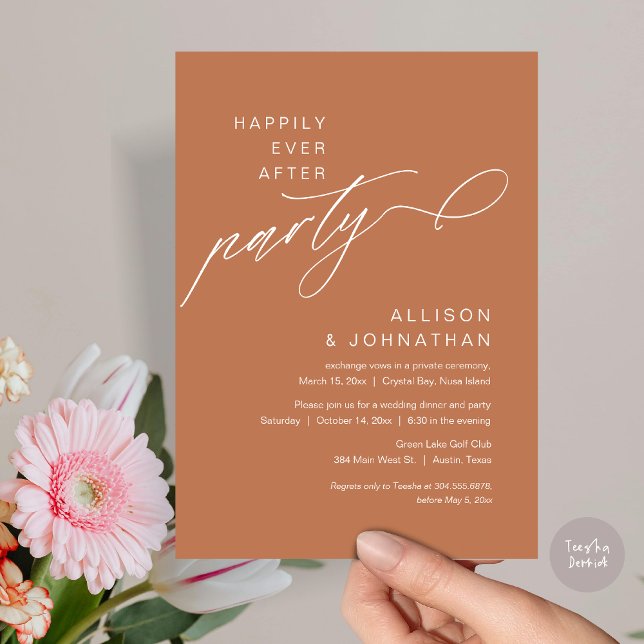 Invitation Heureusement Après La Fête, Elopement Mariage Mode (Happily Ever After Party, Modern Wedding Elopement Dinner Invitation Card, PDF, Copper Rust Brown)