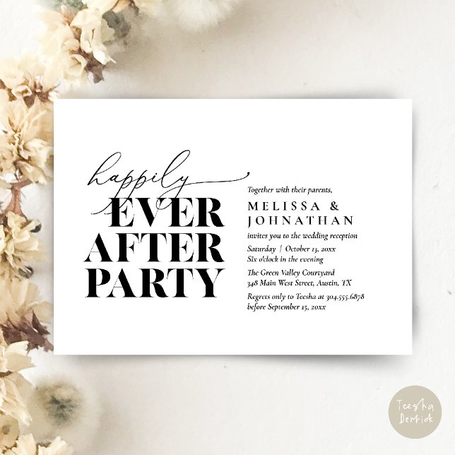 Invitation Heureusement Après La Fête, Réception De Mariage M (Happily Ever After Party, Modern Wedding Reception Dinner Invitation Card pdf Black White)