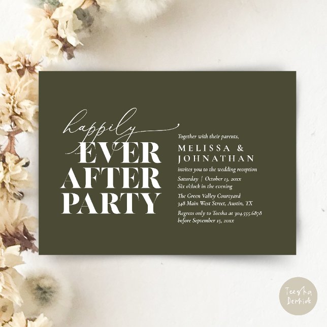 Invitation Heureusement Après La Fête, Réception De Mariage M (Happily Ever After Party, Modern Wedding Reception Dinner Invitation Card pdf Olive Green)