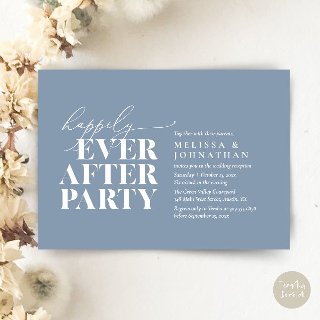 Invitation Heureusement Après La Fête, Réception De Mariage M (Happily Ever After Party, Modern Wedding Reception Dinner Invitation Card pdf Dusty Blue)