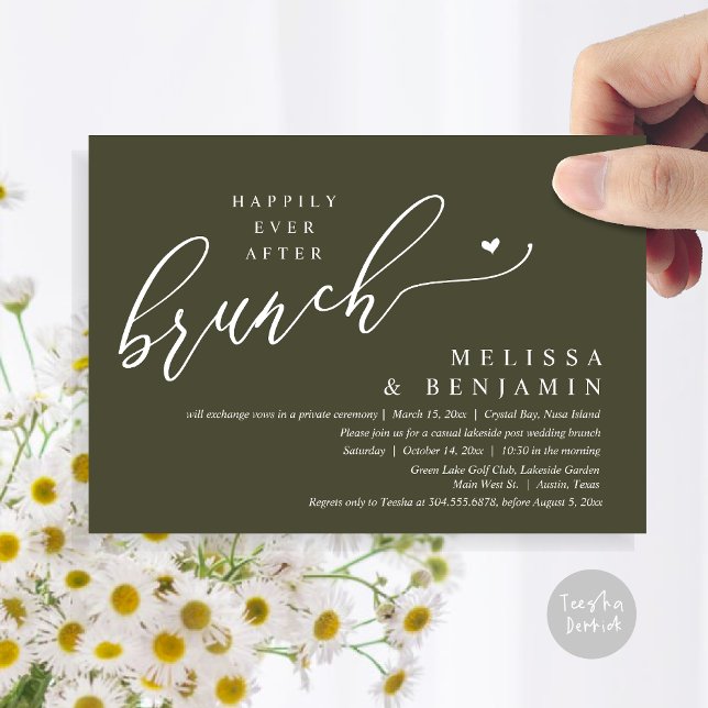 Invitation Heureusement Jamais Après Brunch Mariage Elopement (Happily Ever After Brunch, Modern Romantic Heart Wedding Elopement Card, PDF, in Olive Green)