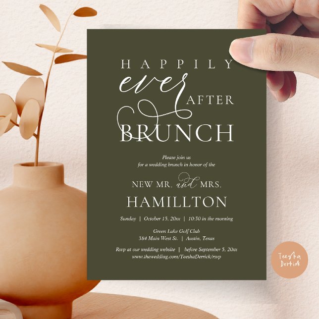 Invitation Heureusement Jamais après Brunch Post Mariage Célé (Happily Ever After Brunch Post Wedding Celebration Invitation Card, PDF, in Olive Green)