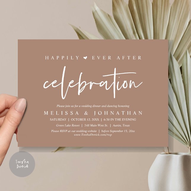 Invitation Heureusement Jamais Après La Célébration, Dîner Ma (Happily Ever After Celebration, Wedding Dinner Invitation Card, PDF, Modern Script, in Taupe)