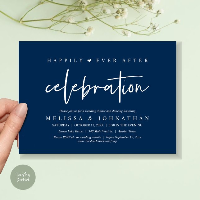 Invitation Heureusement Jamais Après La Célébration, Dîner Ma (Happily Ever After Celebration, Wedding Dinner Invitation Card, PDF, Modern Script, in Navy Blue)