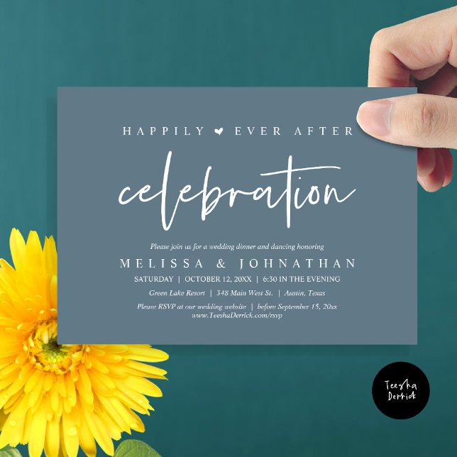 Invitation Heureusement Jamais Après La Célébration, Dîner Ma (Happily Ever After Celebration, Wedding Dinner Invitation Card, PDF, Modern Script, in Dusty Blue)