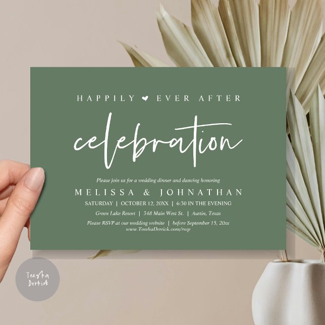 Invitation Heureusement Jamais Après La Célébration, Dîner Ma (Happily Ever After Celebration, Wedding Dinner Invitation Card, PDF, Modern Script, in Sage Green)