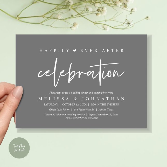 Invitation Heureusement Jamais Après La Célébration, Dîner Ma (Happily Ever After Celebration, Wedding Dinner Invitation Card, PDF, Modern Script, in Dark Grey)