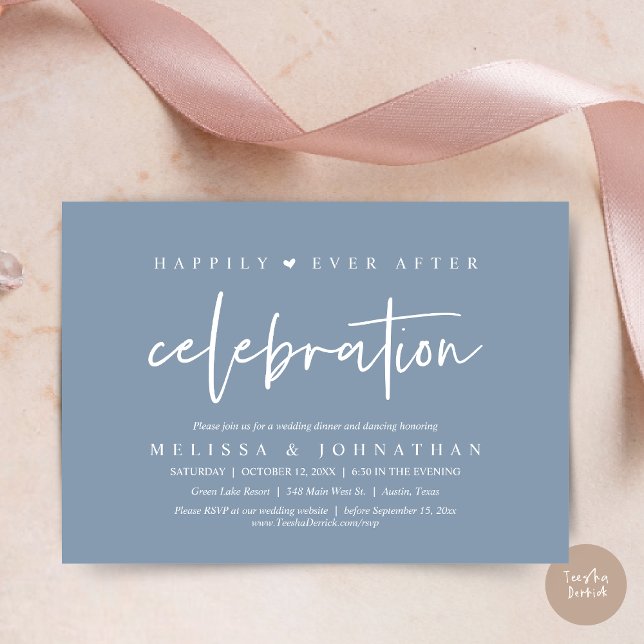Invitation Heureusement Jamais Après La Célébration, Dîner Ma (Happily Ever After Celebration, Wedding Dinner Invitation Card, PDF, Modern Script, in Dusty Blue)
