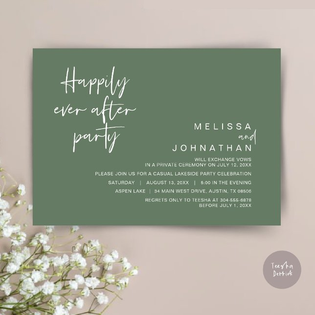 Invitation Heureusement Jamais Après La Fête De Mariage, Fore (Happily Ever After Party Invitation Card, PDF, Modern Wedding Elopement, in Forest Sage Green)