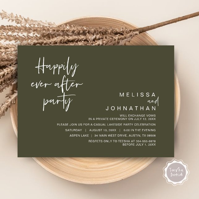 Invitation Heureusement Jamais Après La Fête Du Mariage, Oliv (Happily Ever After Party Invitation Card, PDF, Modern Wedding Elopement, in Olive Green)