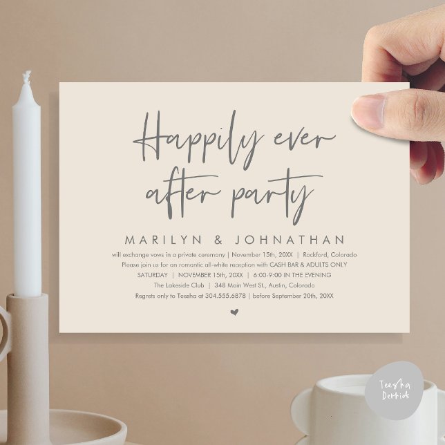 Invitation Heureusement Jamais Après La Fête, Réception De Ma (Happily Ever After Party, Modern Wedding Reception Invitation Card, PDF, Cash Bar in Dark Grey Cream)