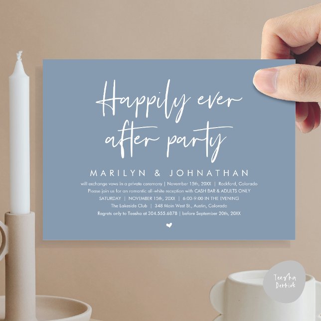Invitation Heureusement Jamais Après La Fête, Réception De Ma (Happily Ever After Party, Modern Wedding Reception Invitation Card, PDF, Cash Bar in Dusty Blue)