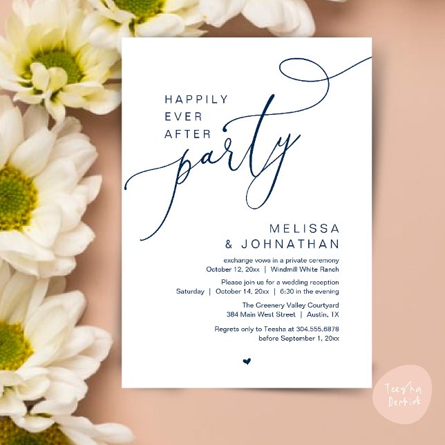 Invitation Heureusement Jamais Après La Fête Réception De Mar (Happily Ever After Party Modern Wedding Reception Dinner Brunch Lunch Invites card PDF Navy Blue)